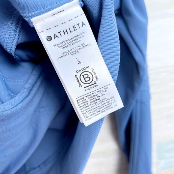 Athleta Venice Moto Tech Hoodie Sweatshirt Blue 1/4 Zip Stretch Womens Large - Picture 6 of 8